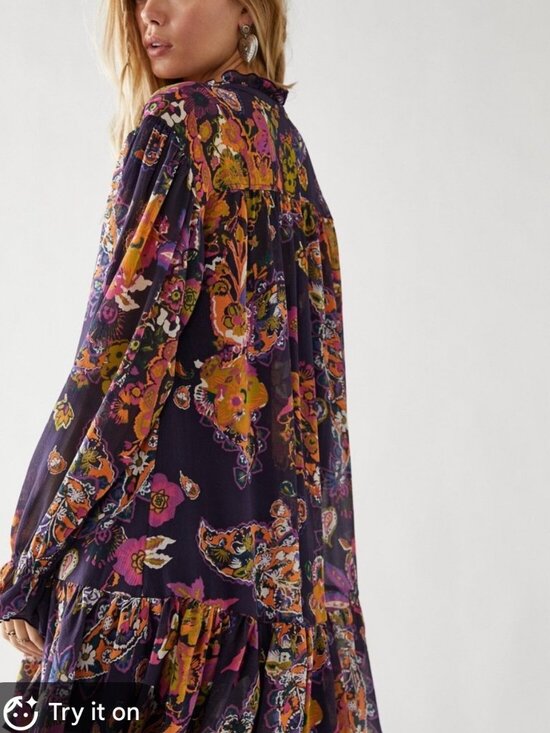 Free People Dresses & Skirts - Free People Size Xs Ibiza Nights Mini Dress Ruffled Floral Print Button Purple